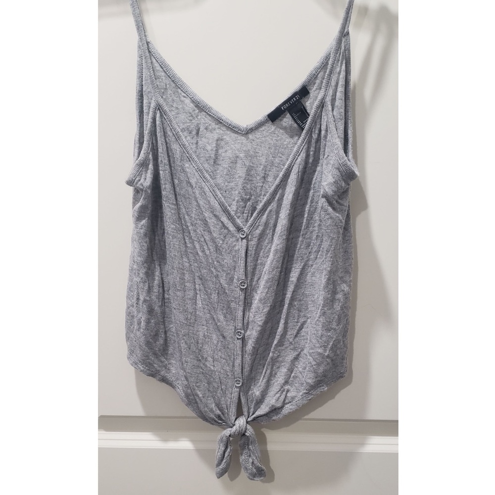 Gray Button Up Tank Top with Tie Detail
